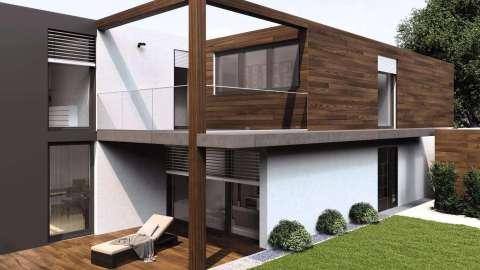 Modernes Flachdachhaus mit Holzakzenten, Terrasse, Balkon und Vorgarten