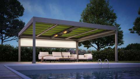Pool mit freistehendem Terrassendach mit markilux markant Markise und Sitzlounge