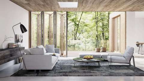 Solarlux Woodline Glas-Faltwand in einem modernen Wohnzimmer