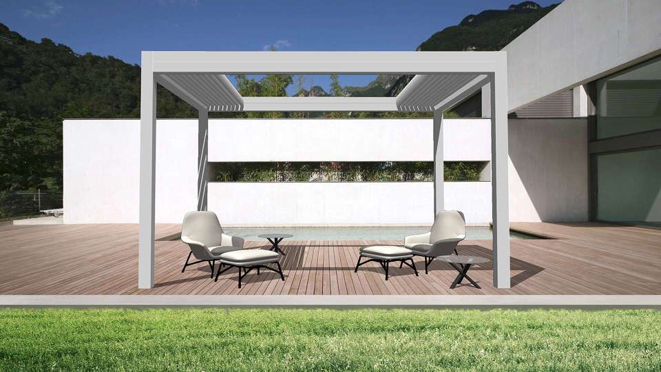 freistehendes Open’R® Lamellendach auf einer Terrasse