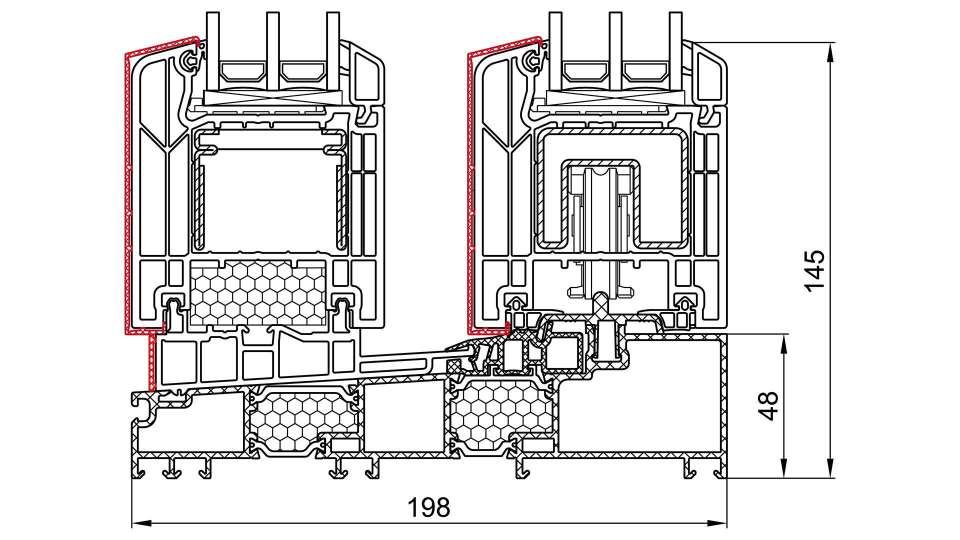 technische Zeichnung der Alu-Vorsatzschale eines Schiebefensters